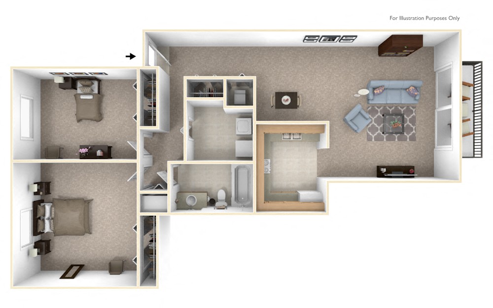 Floor plan for 2 beds, 1 bath, 932 sqft